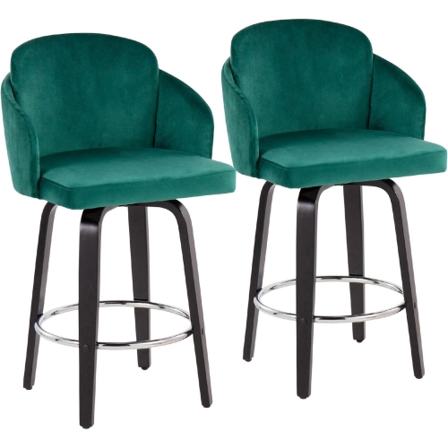 Dahlia 25" Counter Stool in Green Velvet, Black Wood, & Chrome (Set of 2)